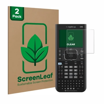 Face avant d’un emballage produit avec le logo de la marque ScreenLeaf. À côté, l’appareil Texas Instruments Nspire CX CAS est