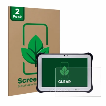 Face avant d’un emballage produit avec le logo de la marque ScreenLeaf. À côté, l’appareil Panasonic Toughpad FZ-G1 est représ