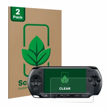 Face avant d’un emballage produit avec le logo de la marque ScreenLeaf. À côté, l’appareil Sony PSP 1004 est représenté avec l