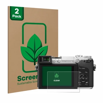 Face avant d’un emballage produit avec le logo de la marque ScreenLeaf. À côté, l’appareil Panasonic Lumix DMC-GX7 est représe