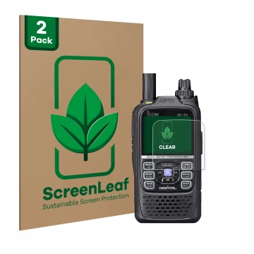 Face avant d’un emballage produit avec le logo de la marque ScreenLeaf. À côté, l’appareil Icom ID-51 est représenté avec la p