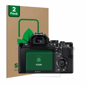 Face avant d’un emballage produit avec le logo de la marque ScreenLeaf. À côté, l’appareil Sony Alpha 7 (ILCE-7) est représent