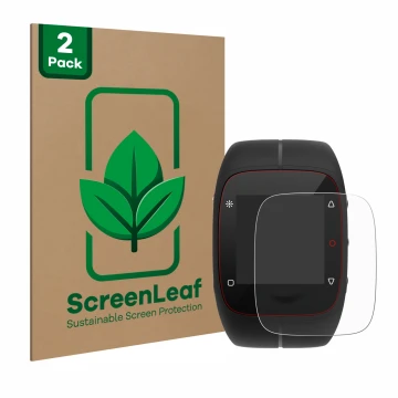 Face avant d’un emballage produit avec le logo de la marque ScreenLeaf. À côté, l’appareil Polar M400 est représenté avec la p