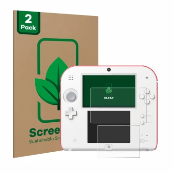 Face avant d’un emballage produit avec le logo de la marque ScreenLeaf. À côté, l’appareil Nintendo 2DS est représenté avec la