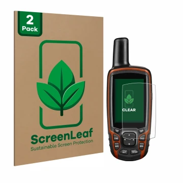 Face avant d’un emballage produit avec le logo de la marque ScreenLeaf. À côté, l’appareil Garmin GPSMAP 64s est représenté av