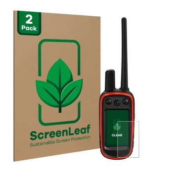 Face avant d’un emballage produit avec le logo de la marque ScreenLeaf. À côté, l’appareil Garmin Alpha 100 est représenté ave