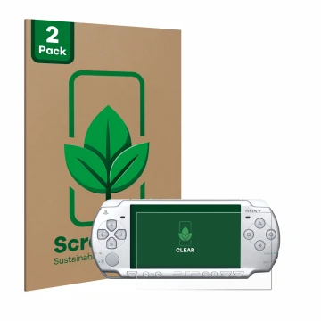 Face avant d’un emballage produit avec le logo de la marque ScreenLeaf. À côté, l’appareil Sony PSP 2004 est représenté avec l