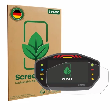 Face avant d’un emballage produit avec le logo de la marque ScreenLeaf. À côté, l’appareil Ducati Monster 1200 Colour-TFT-Disp