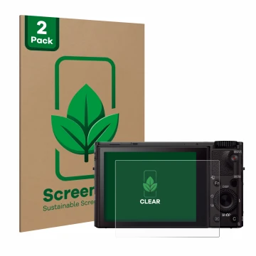 Face avant d’un emballage produit avec le logo de la marque ScreenLeaf. À côté, l’appareil Sony Cyber-Shot DSC-RX100 III est r