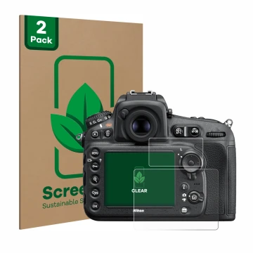 Face avant d’un emballage produit avec le logo de la marque ScreenLeaf. À côté, l’appareil Nikon D810 est représenté avec la p