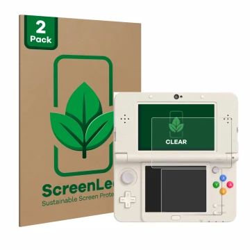Face avant d’un emballage produit avec le logo de la marque ScreenLeaf. À côté, l’appareil Nintendo New 3DS est représenté ave