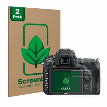 Face avant d’un emballage produit avec le logo de la marque ScreenLeaf. À côté, l’appareil Nikon D750 est représenté avec la p