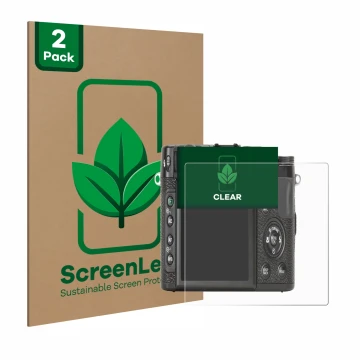 Face avant d’un emballage produit avec le logo de la marque ScreenLeaf. À côté, l’appareil Fujifilm X10 est représenté avec la