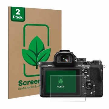 Face avant d’un emballage produit avec le logo de la marque ScreenLeaf. À côté, l’appareil Sony Alpha 7 II (ILCE-7M2) est repr