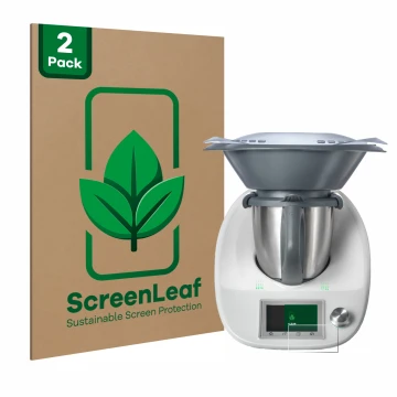 Face avant d’un emballage produit avec le logo de la marque ScreenLeaf. À côté, l’appareil Vorwerk Thermomix TM5 est représent