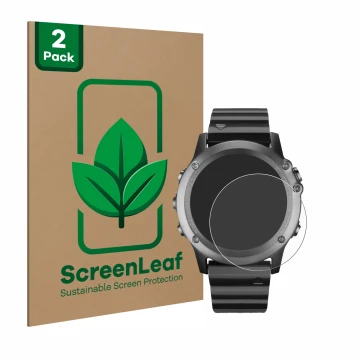 Face avant d’un emballage produit avec le logo de la marque ScreenLeaf. À côté, l’appareil Garmin Fenix 3 est représenté avec 