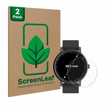 Face avant d’un emballage produit avec le logo de la marque ScreenLeaf. À côté, l’appareil Montres (Circulaire, ø: 48 mm) est 