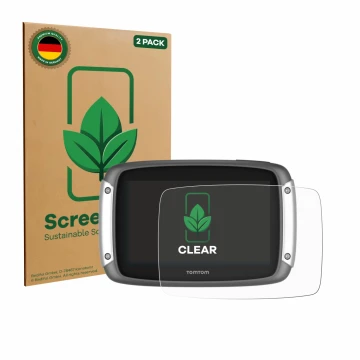 Face avant d’un emballage produit avec le logo de la marque ScreenLeaf. À côté, l’appareil TomTom Rider 400 est représenté ave