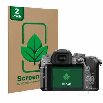 Face avant d’un emballage produit avec le logo de la marque ScreenLeaf. À côté, l’appareil Panasonic Lumix DMC-G70 est représe