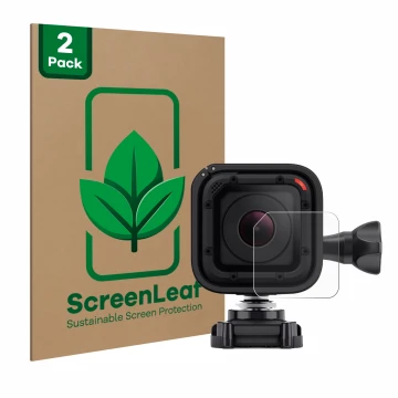 Face avant d’un emballage produit avec le logo de la marque ScreenLeaf. À côté, l’appareil GoPro Hero 4 Session Lentille (Cais