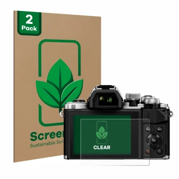 Face avant d’un emballage produit avec le logo de la marque ScreenLeaf. À côté, l’appareil Olympus OM-D E-M10 Mark II est repr