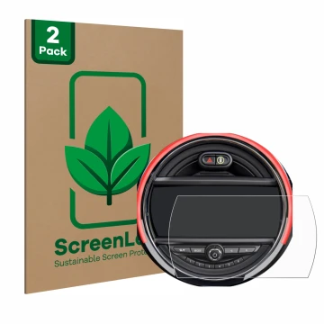 Face avant d’un emballage produit avec le logo de la marque ScreenLeaf. À côté, l’appareil Mini Cooper R56 (6.5