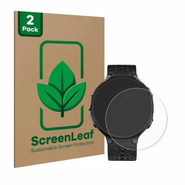 Face avant d’un emballage produit avec le logo de la marque ScreenLeaf. À côté, l’appareil Garmin Forerunner 235 est représent