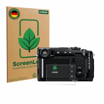 Face avant d’un emballage produit avec le logo de la marque ScreenLeaf. À côté, l’appareil Fujifilm X-Pro2 est représenté avec