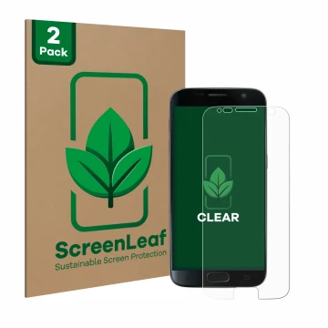 Face avant d’un emballage produit avec le logo de la marque ScreenLeaf. À côté, l’appareil Samsung Galaxy S7 est représenté av