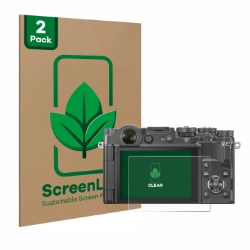 Face avant d’un emballage produit avec le logo de la marque ScreenLeaf. À côté, l’appareil Olympus PEN-F est représenté avec l