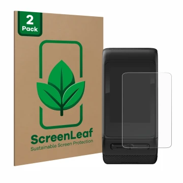 Face avant d’un emballage produit avec le logo de la marque ScreenLeaf. À côté, l’appareil Garmin vivoactive HR est représenté