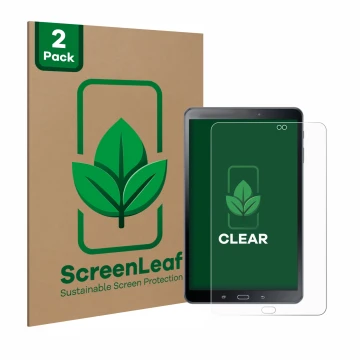 Face avant d’un emballage produit avec le logo de la marque ScreenLeaf. À côté, l’appareil Samsung Galaxy Tab A 10.1 2016 SM-T