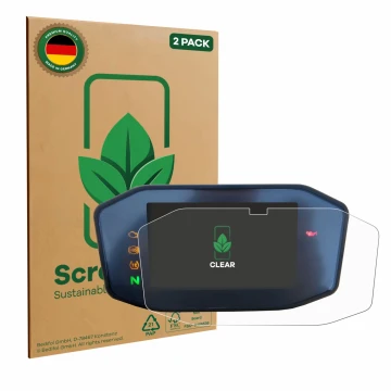 Face avant d’un emballage produit avec le logo de la marque ScreenLeaf. À côté, l’appareil KTM 690 Duke 2016 est représenté av