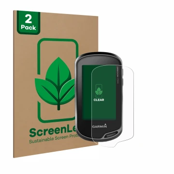 Face avant d’un emballage produit avec le logo de la marque ScreenLeaf. À côté, l’appareil Garmin Oregon 750t est représenté a