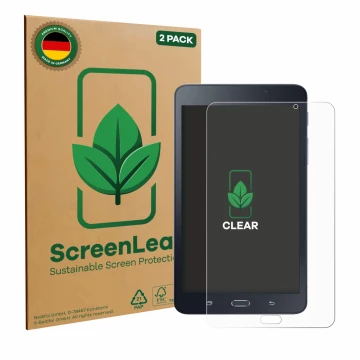 Face avant d’un emballage produit avec le logo de la marque ScreenLeaf. À côté, l’appareil Samsung Galaxy Tab A6 7.0 est repré