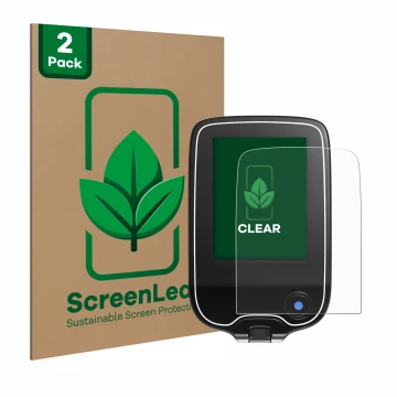 Face avant d’un emballage produit avec le logo de la marque ScreenLeaf. À côté, l’appareil Freestyle Libre est représenté avec