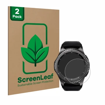 Face avant d’un emballage produit avec le logo de la marque ScreenLeaf. À côté, l’appareil Samsung Gear S3 Frontier est représ