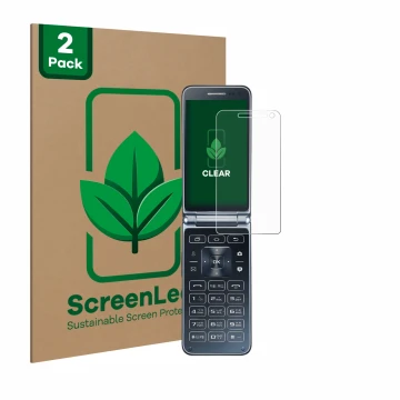 Face avant d’un emballage produit avec le logo de la marque ScreenLeaf. À côté, l’appareil Samsung Galaxy Folder 2 est représe