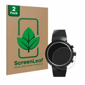 Face avant d’un emballage produit avec le logo de la marque ScreenLeaf. À côté, l’appareil ASUS ZenWatch 3 1.39