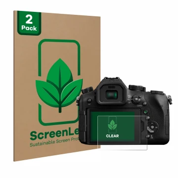 Face avant d’un emballage produit avec le logo de la marque ScreenLeaf. À côté, l’appareil Panasonic Lumix DMC-FZ2000 est repr
