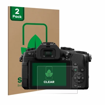 Face avant d’un emballage produit avec le logo de la marque ScreenLeaf. À côté, l’appareil Panasonic Lumix DMC-G81 est représe