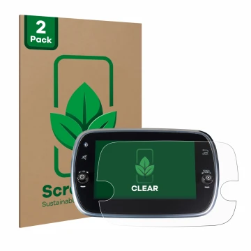 Face avant d’un emballage produit avec le logo de la marque ScreenLeaf. À côté, l’appareil Fiat 500 Abarth Uconnet 7