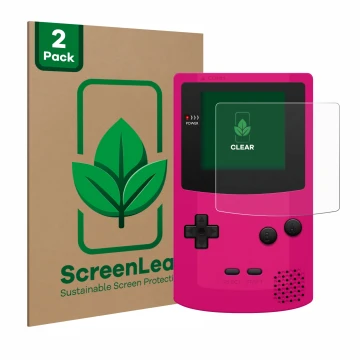 Face avant d’un emballage produit avec le logo de la marque ScreenLeaf. À côté, l’appareil Nintendo Gameboy Color est représen