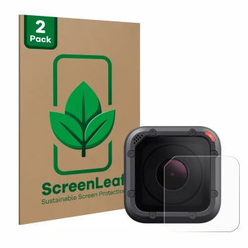 Face avant d’un emballage produit avec le logo de la marque ScreenLeaf. À côté, l’appareil GoPro Hero 5 Session Lentille (Cais