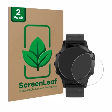 Face avant d’un emballage produit avec le logo de la marque ScreenLeaf. À côté, l’appareil Garmin Fenix 5 (47 mm) est représen