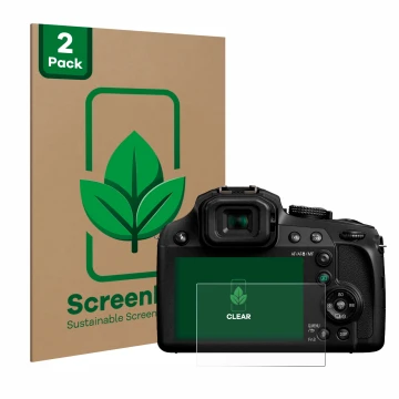 Face avant d’un emballage produit avec le logo de la marque ScreenLeaf. À côté, l’appareil Panasonic Lumix DC-FZ82 est représe