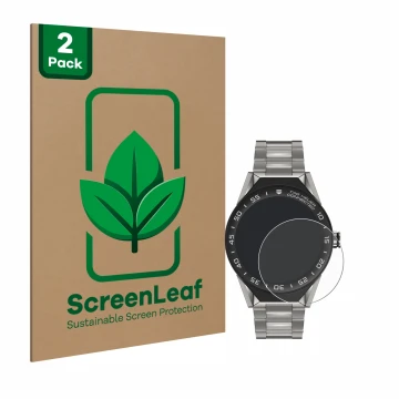 Face avant d’un emballage produit avec le logo de la marque ScreenLeaf. À côté, l’appareil TAG Heuer Connected Modular 45 est 