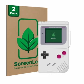 Face avant d’un emballage produit avec le logo de la marque ScreenLeaf. À côté, l’appareil Nintendo Gameboy (1989) est représe