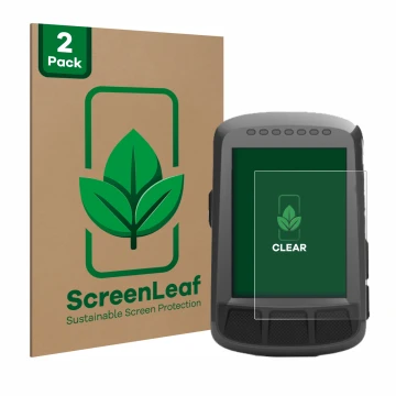 Face avant d’un emballage produit avec le logo de la marque ScreenLeaf. À côté, l’appareil Wahoo Elemnt Bolt GPS est représent
