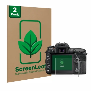 Face avant d’un emballage produit avec le logo de la marque ScreenLeaf. À côté, l’appareil Nikon D7500 est représenté avec la 